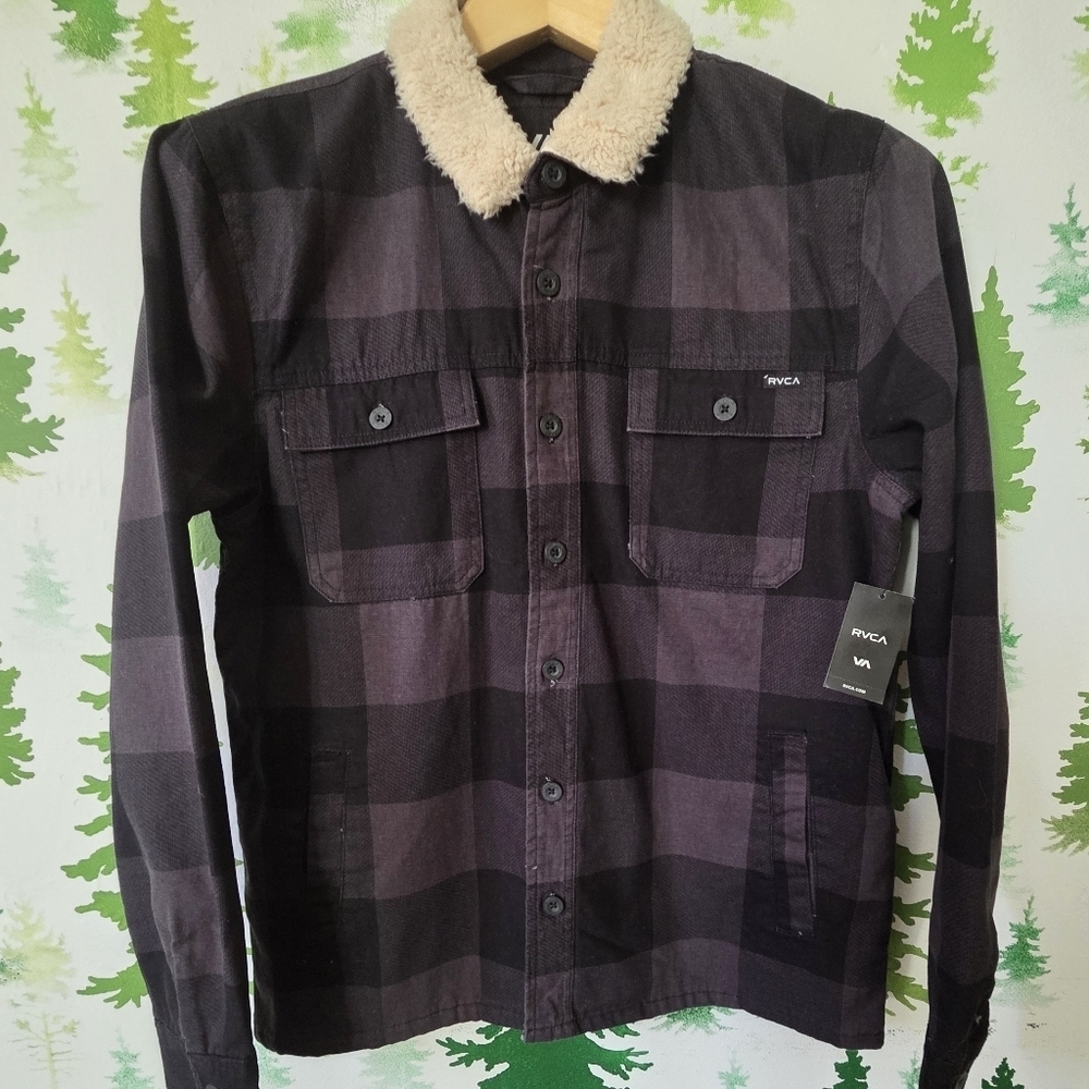 RVCA Men's Black and Gray Checkered Faux Shearling Jacket